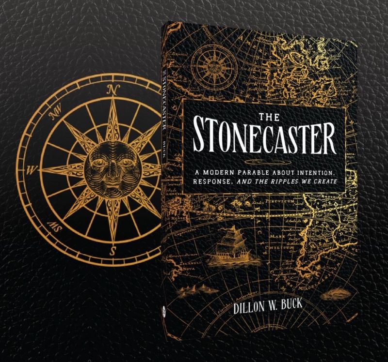 The Stonecaster hardcover alongside golden compass rose illustration