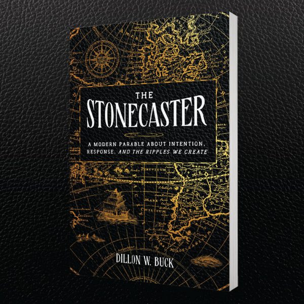 The Stonecaster by Dillon W. Buck — hardcover book with gold compass rose and antique map on dark leather background
